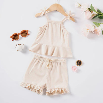 2024 Baby Girls Summer Set Toddler Thin Ruffle Edge Sling+Comfortable Ruffle Edge Shorts 2-piece Set for Outgoing or Party Wear