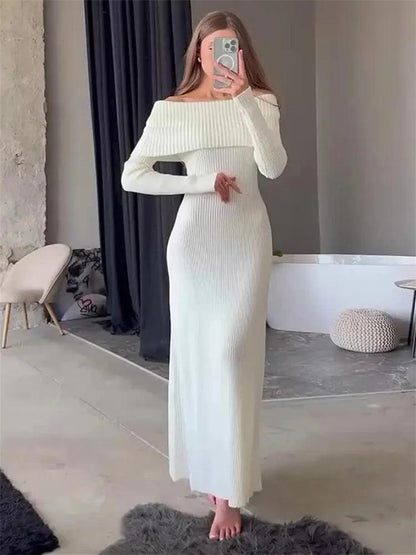 Tossy Fashion Knit Long Dress Off-Shoulder Female Ribbed Loose High Waist Elegant Autumn Party Dress Ladies Knitwear Maxi Dress - MauBai