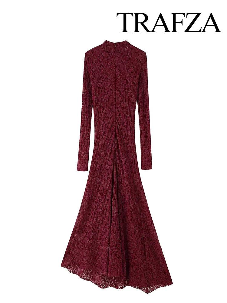 TRAFZA Women Elegant Wine Red Rear Zipper Party Midi Dress Woman Chic Long-Sleeved Asymmetry Lace Decoration Sexy Evening Dress - MauBai