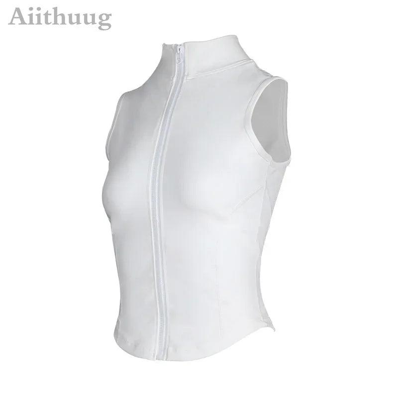 Aiithuug Athletic Zip Up Sweat Vest Jacket Sleeveless Running Yoga Tops High Neck Shirts Sports Top Fitness Women Workout Tops - MauBai