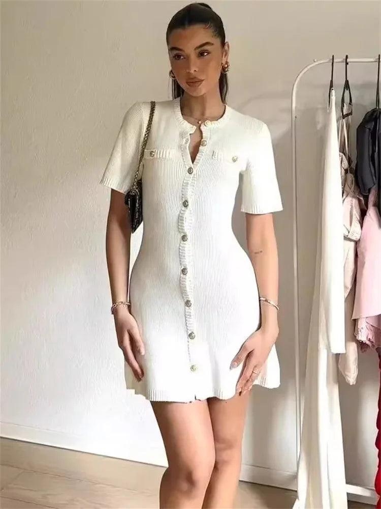 Tossy White Knit Mini Dress For Women Fashion Short Sleeve Patchwork Pocket Loose Elegant Dress Women's Knitwear Mini Dress 2024 - MauBai