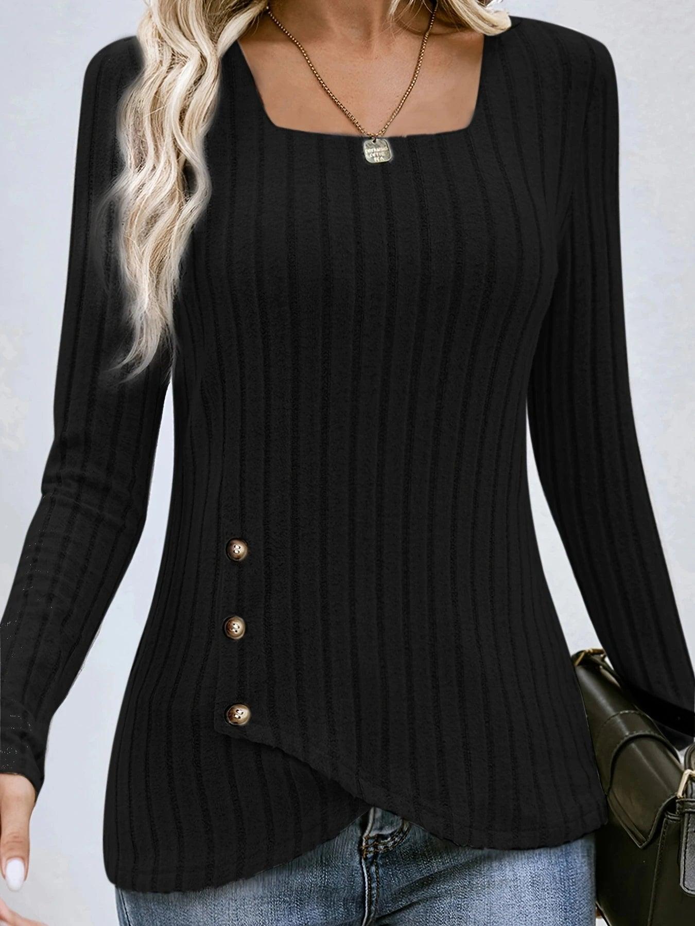 Square Neck Solid Ribbed Button DecorT-Shirt, Casual Long Sleeve Top For Spring & Fall, Women's Clothing - MauBai