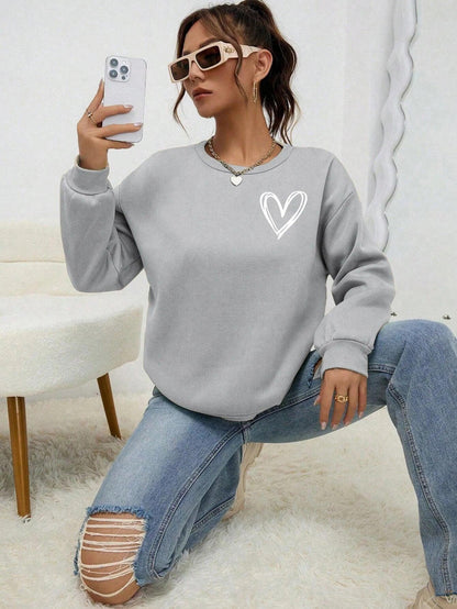 Simple Heart Pattern Printing Sweatshirts For Womens Casual Comfortable Crewneck Hoodies Loose Fleece Warm Sportswear Clothes - MauBai