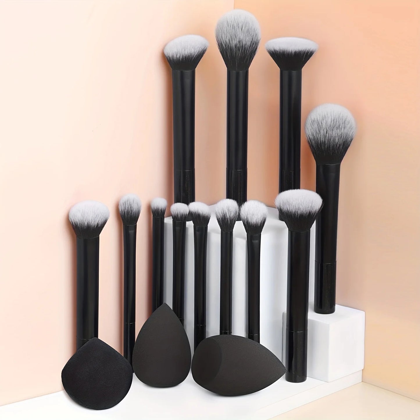 12-Piece Classic Full Makeup Brush Set with Angled and Teardrop Blenders, 1 Powder Puff - Professional Application Tools, Nylon