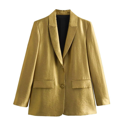 TRAFZA Autumn New Women's Fashion Gold Blazer Retro V Neck Party Long Sleeve Button Up Women's Pocket Casual Blazer Chic Top - MauBai