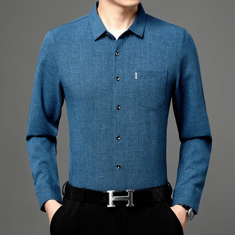 Gift Four Seasons Non ironing Middle aged Men Casual Shirt Imitation Linen Solid Color Shirt Fashion Business True Pocket DadSet