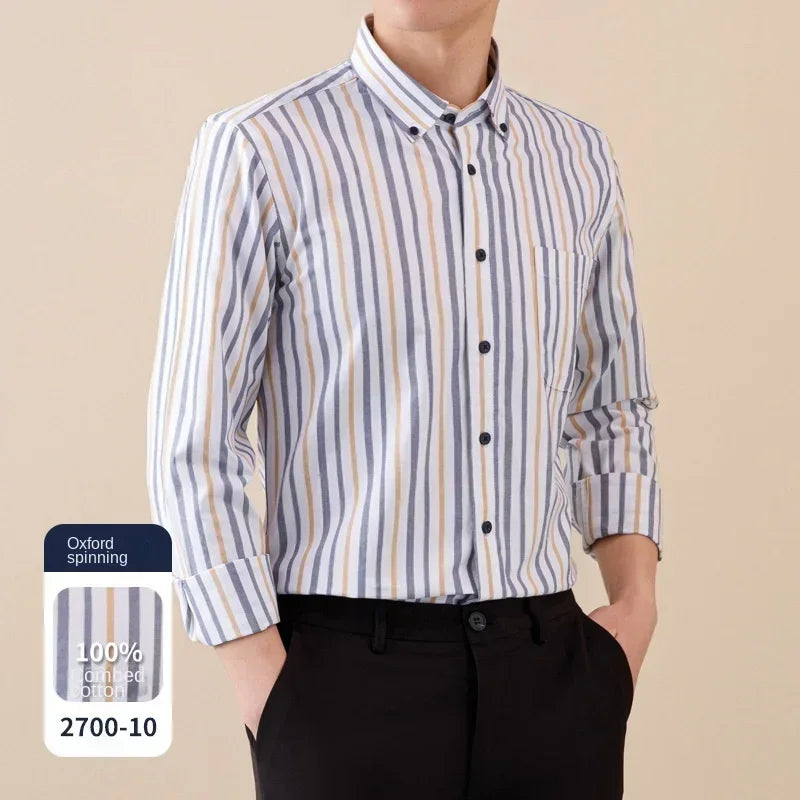 Plus size new cotton Oxford shirt men's long sleeve leisure business striped enzyme washed shirt men's tide, men dress shirt ,