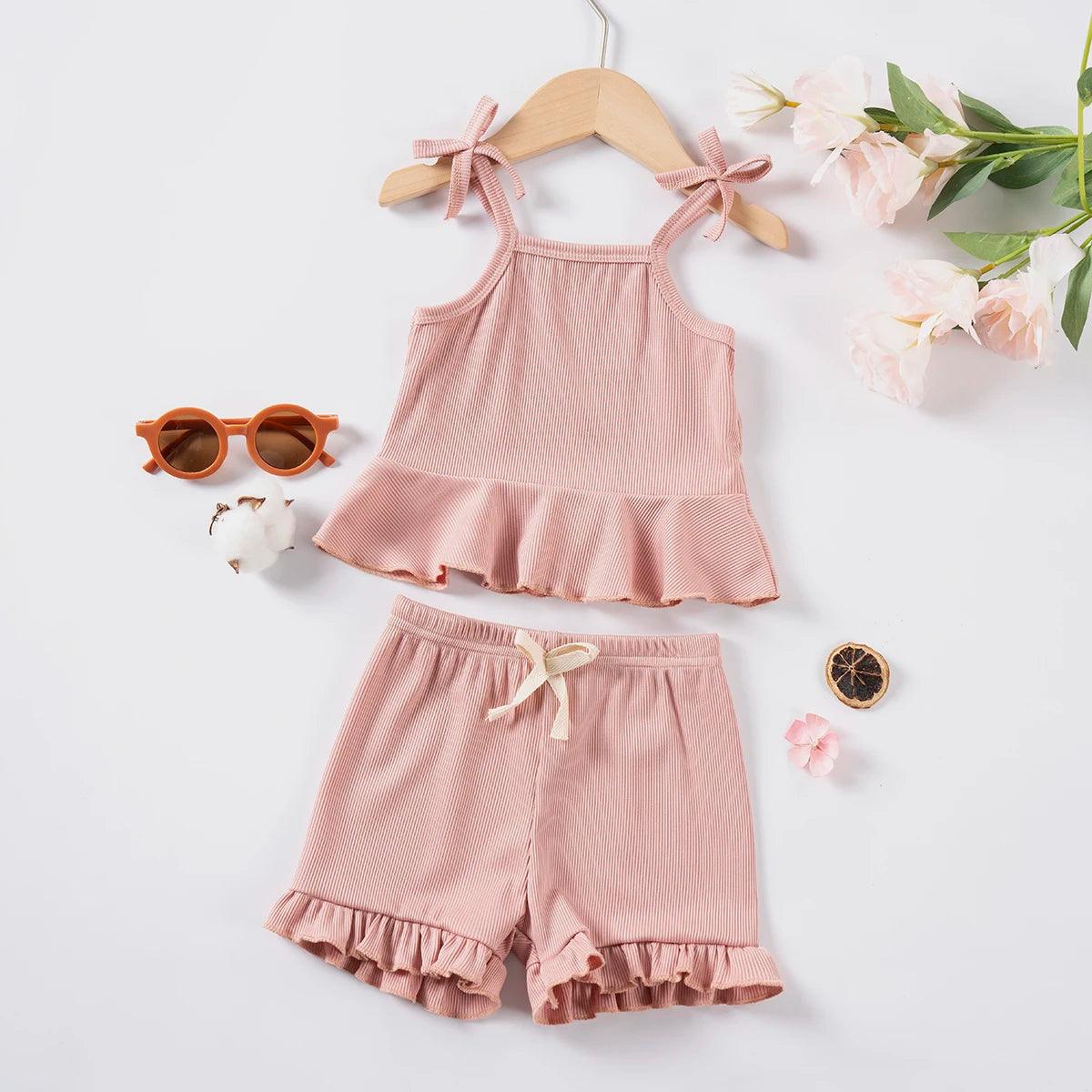 2024 Baby Girls Summer Set Toddler Thin Ruffle Edge Sling+Comfortable Ruffle Edge Shorts 2-piece Set for Outgoing or Party Wear