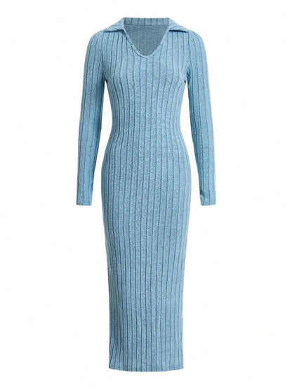 Women sexy knit V-neck reverse neck split dress autumn winter full sleeve elastic basic body sweater - MauBai