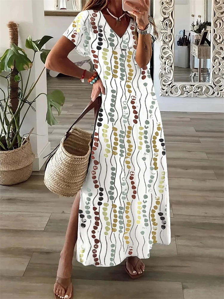 Women's Dresses Summer Ladies Textured Printed Evening Fashion Splicing V Neck Loose Bohemian Resort Split Long Dress Basic