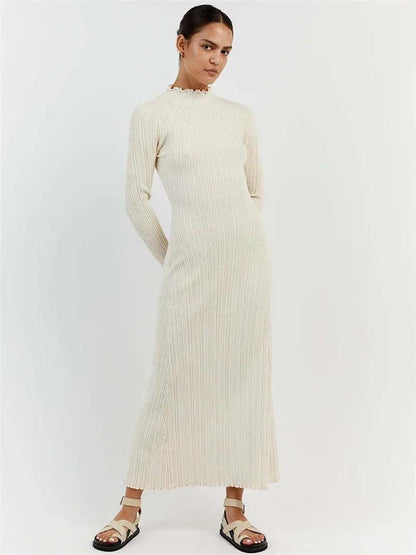 Tossy Autumn Ruffled Knitwear Long Dress Female Long Sleeve Loose Ribbed High Waist Maxi Dress Streetwear Knit Solid Women Dress - MauBai