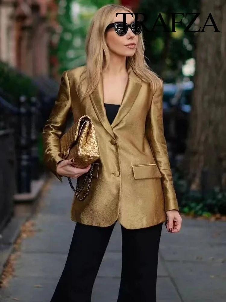 TRAFZA Autumn New Women's Fashion Gold Blazer Retro V Neck Party Long Sleeve Button Up Women's Pocket Casual Blazer Chic Top - MauBai