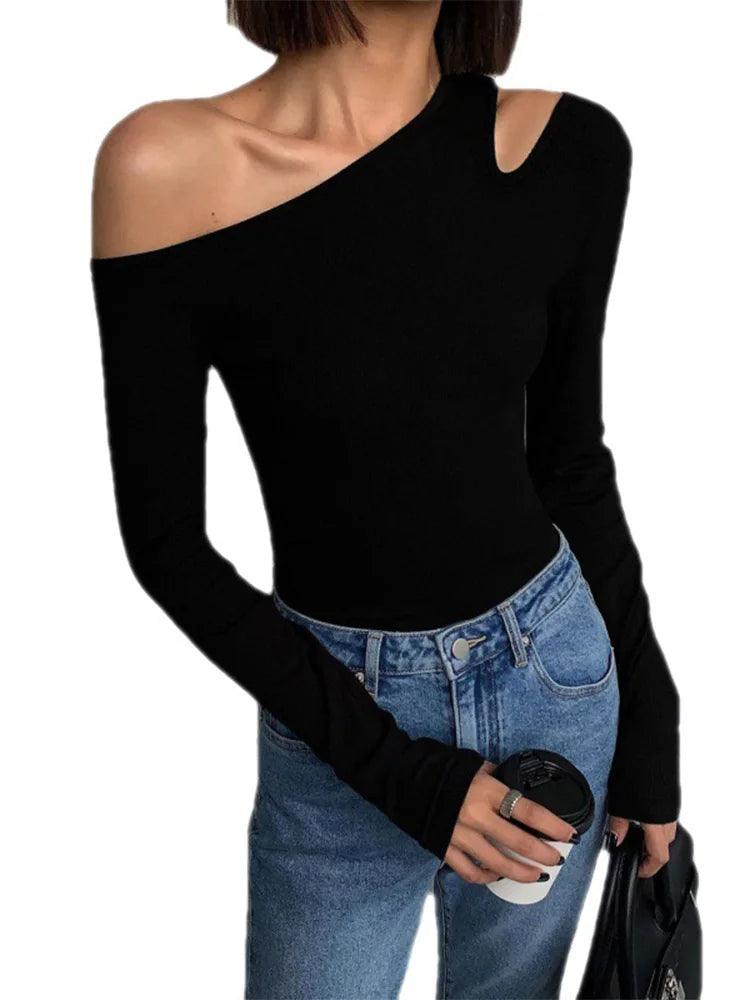 Fashion Skew Collar Off-shoulder Long-sleeved T-shirts Women Spring 2025 New Solid Slim Fit Crop Top Sexy Hollow Out Tees Shirts