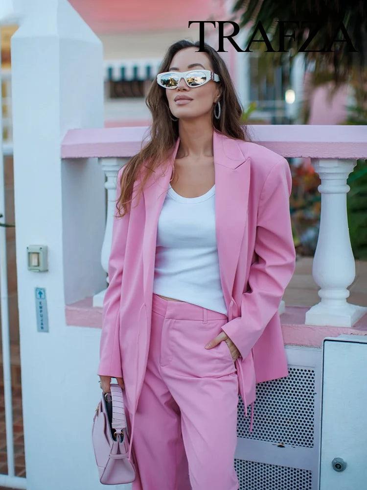 TRAFZA Women Pink Blazer Suit Turn-Down Collar Long Sleeves Pocket Lace-Up Blazers Top+Fashion High Waist Zipper Wide Leg Pant - MauBai