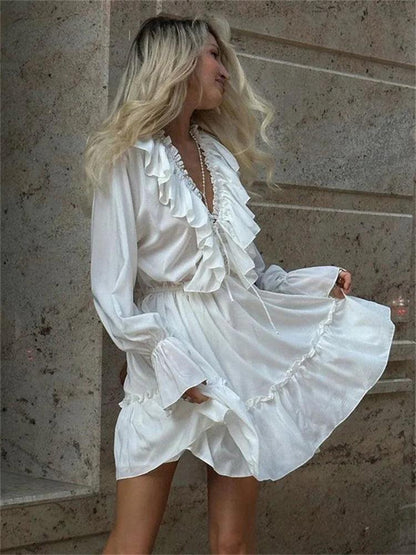 Tossy Ruffled V-Neck White Mini Dress Female Patchwork Long Sleeve Elegant Bandage Fashion Dress High Waist Lace-Up Women Dress - MauBai