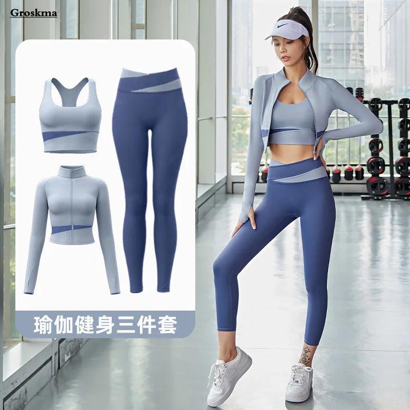 Women Yoga Patchwork 3 Piece Set Fitness Gym Coats+Bra+Leggings Workout Running Sportswear Clothing Tracksuit Ensemble Femme - MauBai