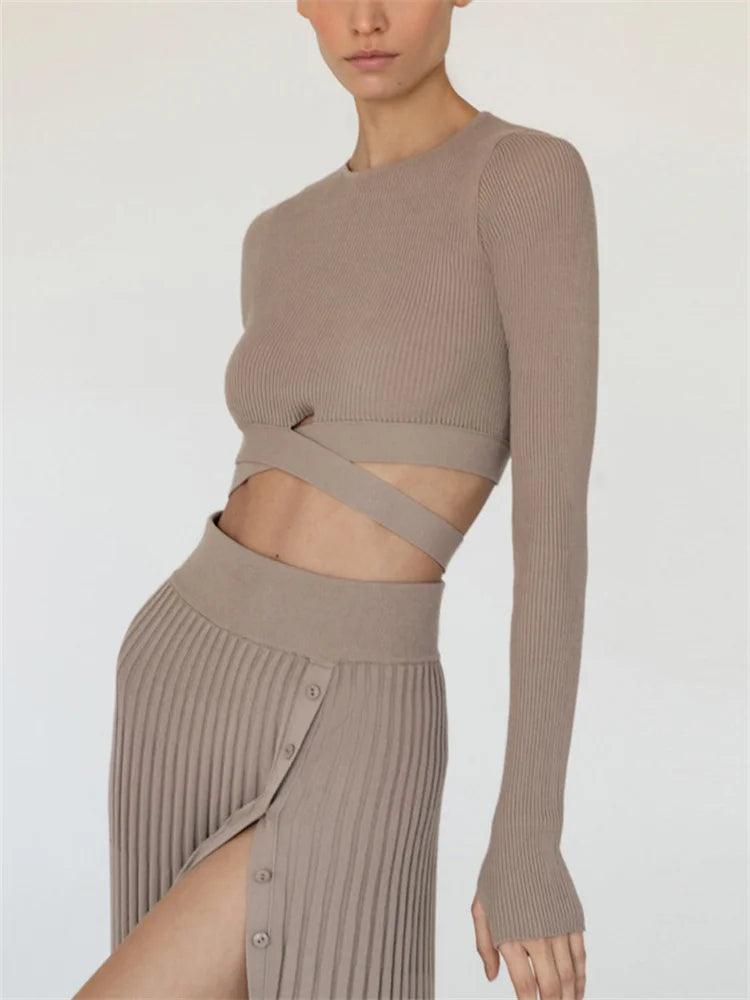 Tossy New White Knit Two Piece Women Sets Fall Ribbed Crop Top And Pleated Knitted Skirt Suits For Women Midi Dress Sets 2022 - MauBai