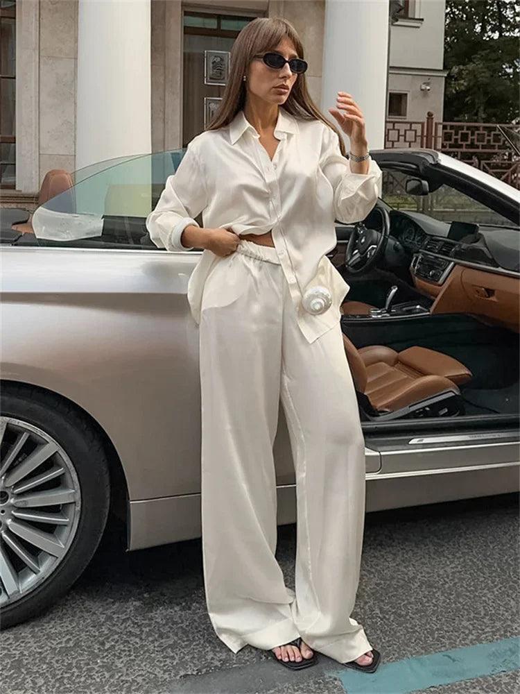 Tossy Fashion Commute 2 Piece-Set Trousers Ladies Casual Solid Shirts And High Waist Wide Leg Clothes Outfits Women's Pants Sets - MauBai