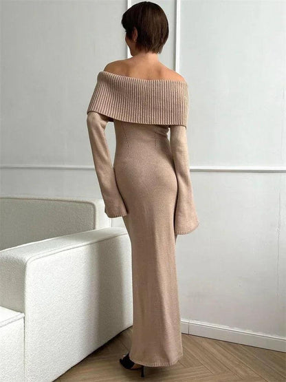 Tossy White Autumn Knit Sweater Long Dress Women Ribbed High Waist Fashion Off-Shoulder Loose Party Dress Female Knitwear Dress - MauBai