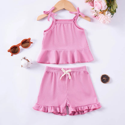 2024 Baby Girls Summer Set Toddler Thin Ruffle Edge Sling+Comfortable Ruffle Edge Shorts 2-piece Set for Outgoing or Party Wear