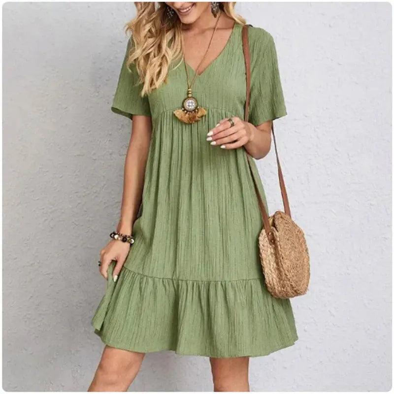 Women Summer Peplum Dresses Spring V-Neck Short Sleeve Loose Waist Ruffle Fit Flare Vocation Dresses - MauBai