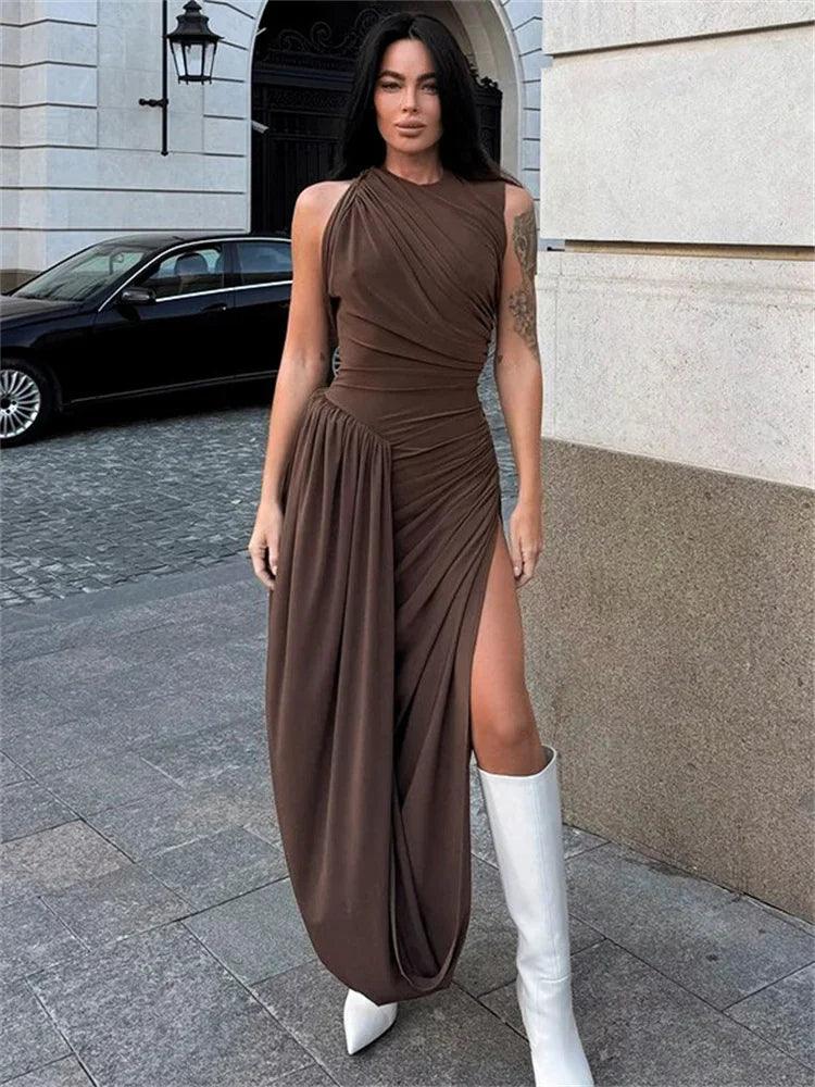 Tossy Elegant Backless Pleated Maxi Dress Female Sleeveless Slim See-Through Solid High Waist Party Dress Women's Autumn Dress