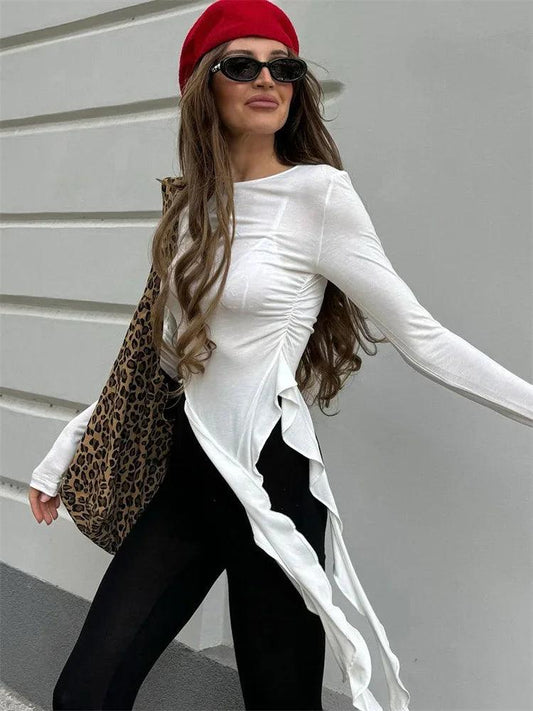 Tossy White Knit Slim T-shirt Pullover Female Ruffled Patchwork See-Through Long Sleeve Y2k Sexy Inner Top Women's Knitwear Tee - MauBai