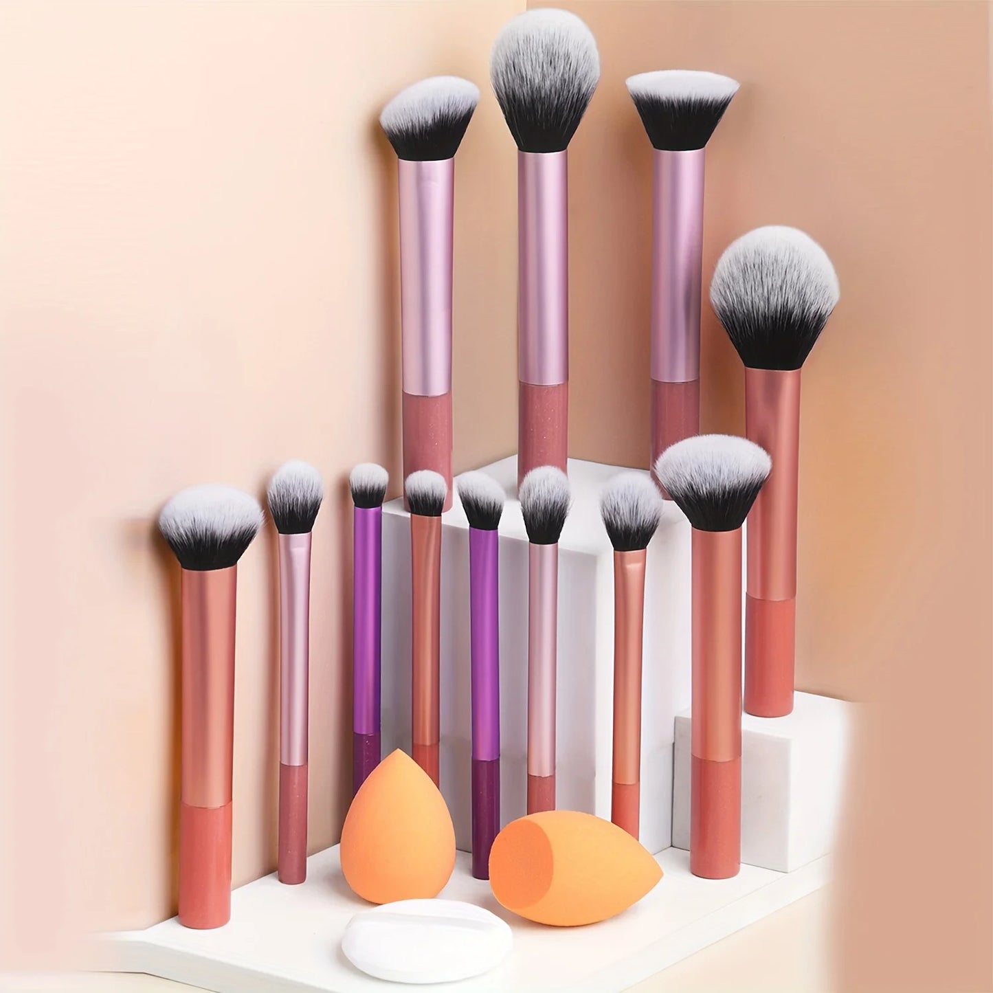 12-Piece Classic Full Makeup Brush Set with Angled and Teardrop Blenders, 1 Powder Puff - Professional Application Tools, Nylon