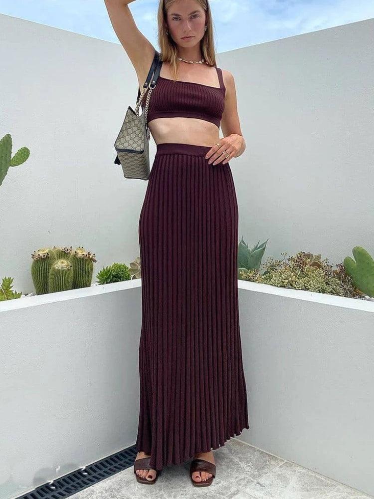 Tossy New White Knit Two Piece Women Sets Fall Ribbed Tank Top And Pleated Knitted Skirt Suits For Women Long Dress Sets Summer - MauBai