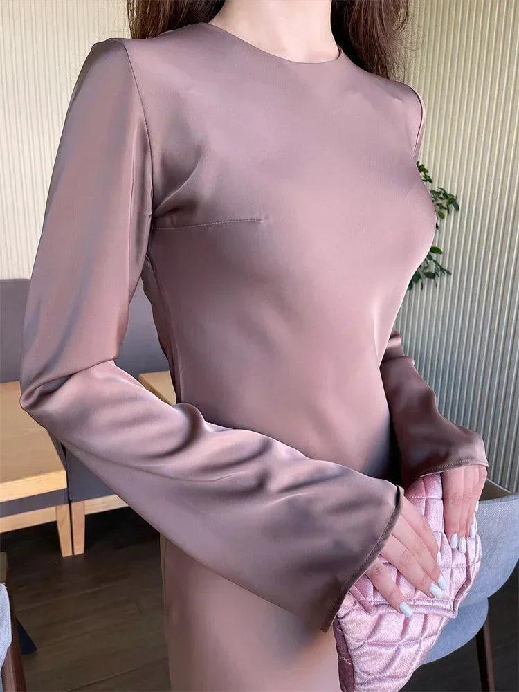 Tossy Satin Fashion Slim Maxi Dress For Women Long Sleeve High Waist Elegant Solid Party Dress Casual Luxury Ladies Autumn Dress - MauBai