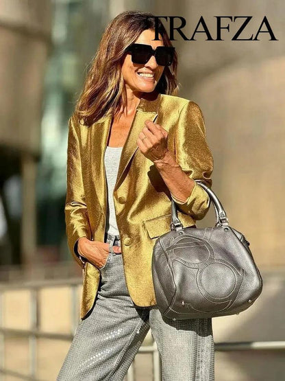 TRAFZA Autumn New Women's Fashion Gold Blazer Retro V Neck Party Long Sleeve Button Up Women's Pocket Casual Blazer Chic Top - MauBai