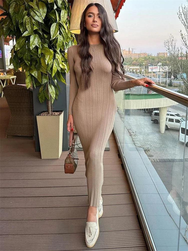 Tossy Fashion Knit Ribbed Maxi Dress Ladies High Waist Long Sleeve Patchwork Elegant Slim Party Dress Autumn 2023 Knitwear Dress - MauBai