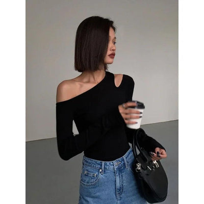 Fashion Skew Collar Off-shoulder Long-sleeved T-shirts Women Spring 2025 New Solid Slim Fit Crop Top Sexy Hollow Out Tees Shirts