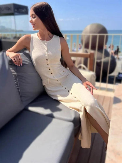 Tossy Knit Ribbed Cardigan Maxi Dress Female High Waist Slim Pocket Sleeveless Elegant Party Dress Women's Knitwear Long Dress - MauBai