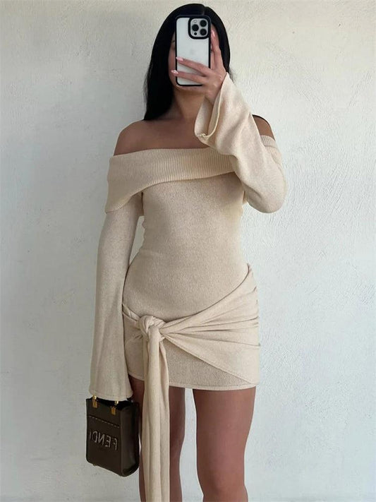 Tossy Knit Sweater Lace-Up Mini Dress Female Off-Shoulder Slim Patchwork Loose Twist Ribbed Knitwear Dress Women's Party Dress - MauBai