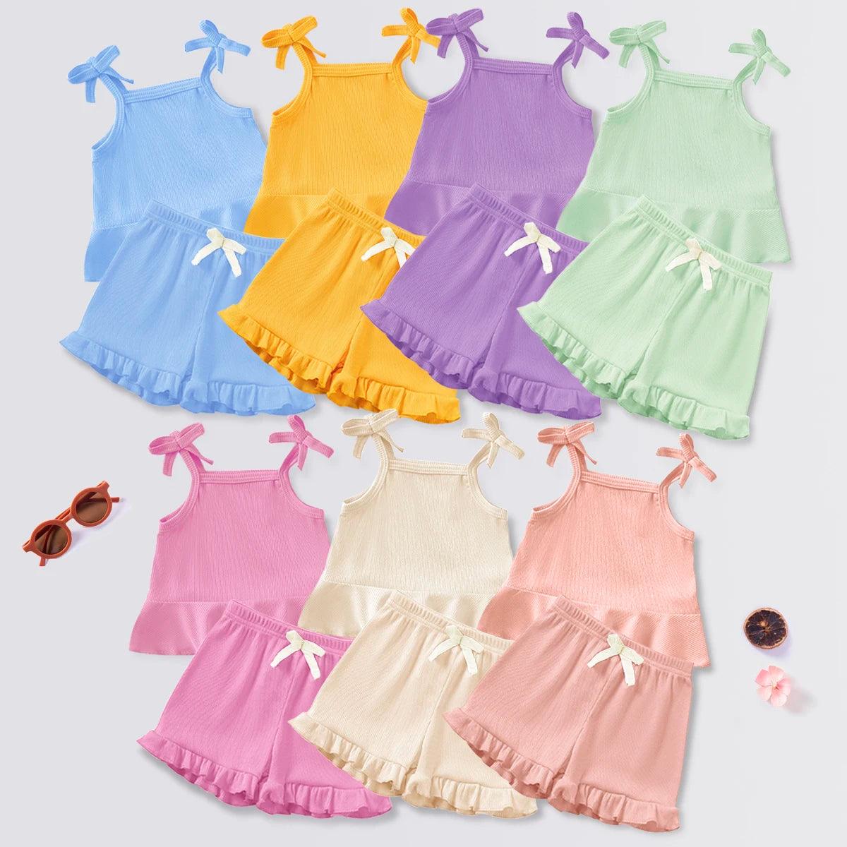 2024 Baby Girls Summer Set Toddler Thin Ruffle Edge Sling+Comfortable Ruffle Edge Shorts 2-piece Set for Outgoing or Party Wear