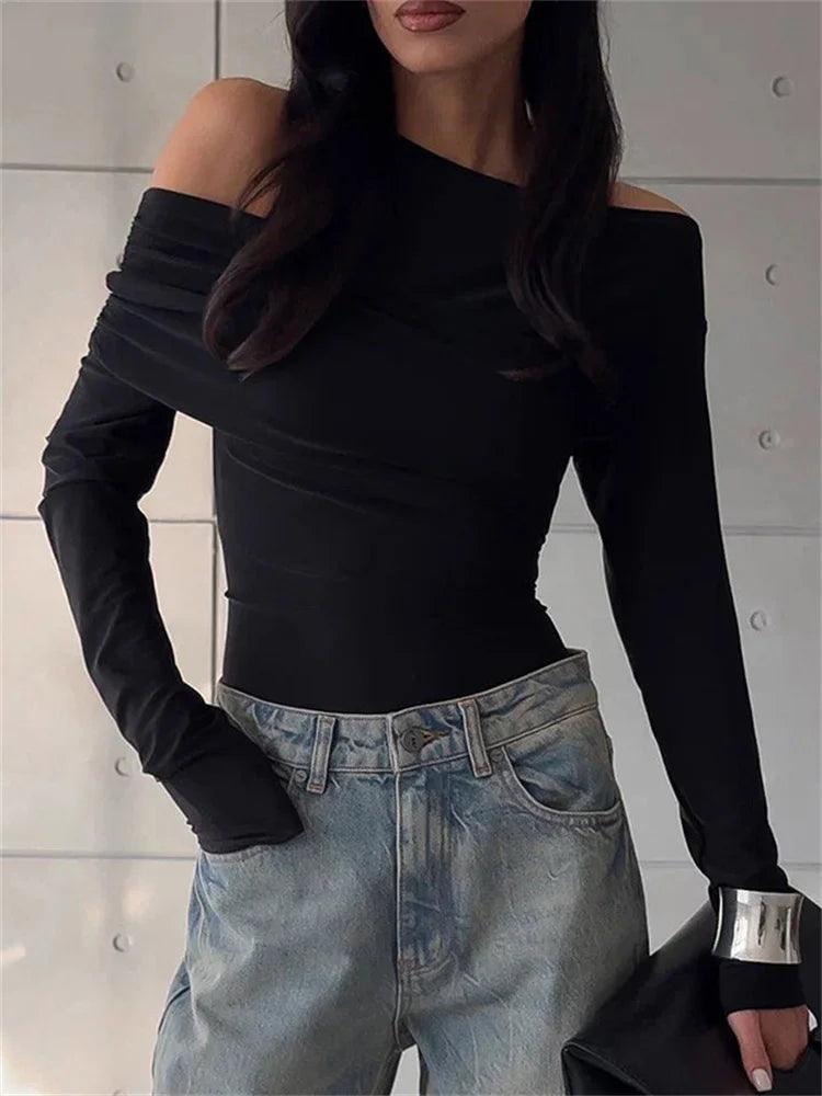 Tossy Black Off-Shoulder Long Sleeve T-shirt For Women High Waist Autumn 2024 Slim Fashion Pullover Top Ladies Solid Y2k Tee Top - MauBai