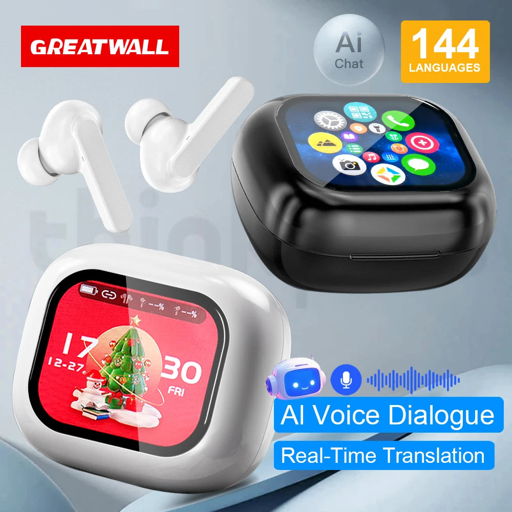 Original GREATWALL AI Translator Wireless Bluetooth Earphones Earbuds Stereo Sound Headphones ANC Noise Reduction Touch Display