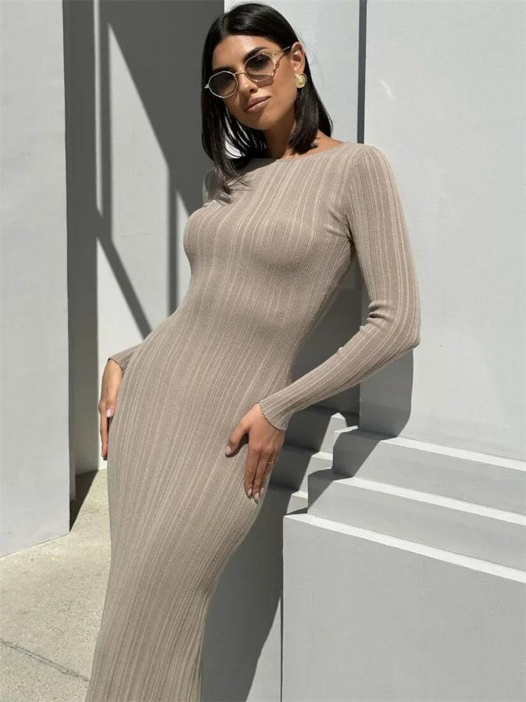 Tossy Fashion Knit Ribbed Maxi Dress Ladies High Waist Long Sleeve Patchwork Elegant Slim Party Dress Autumn 2023 Knitwear Dress - MauBai