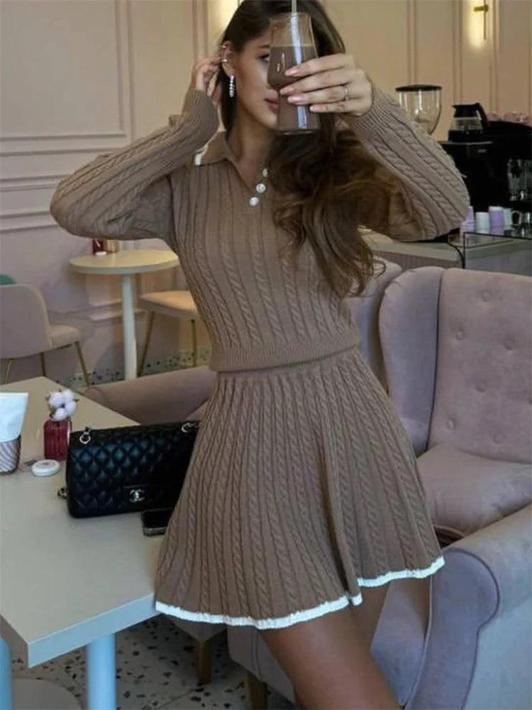 Tossy Autumn Fashion 2 Piece-Set Skirt Women's Patchwork Contrast Long Sleeve Lapel Pullover And High Waist Mini Skirt Outfits - MauBai