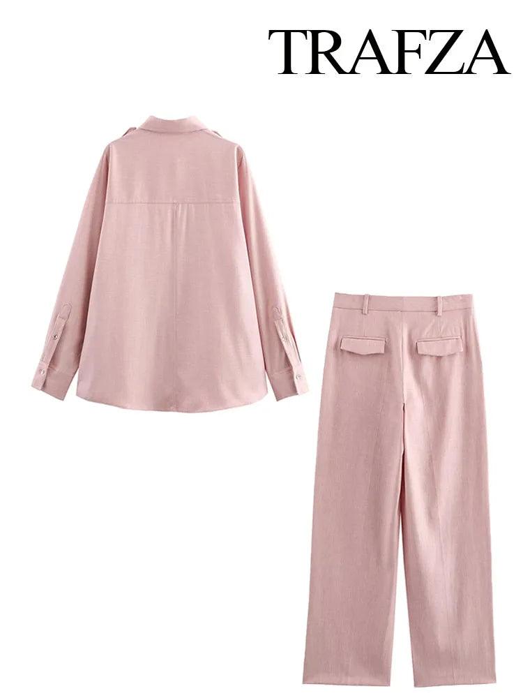 TRAFZA Women's Fashion Suit Pink Turn-Down Collar Long Sleeve Single Breasted Shirts+High Waist Long Pants Female Spring Sets - MauBai