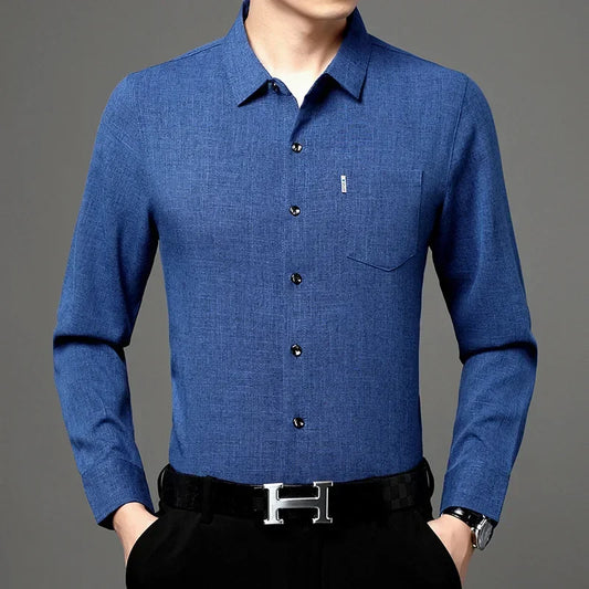 Gift Four Seasons Non ironing Middle aged Men Casual Shirt Imitation Linen Solid Color Shirt Fashion Business True Pocket DadSet