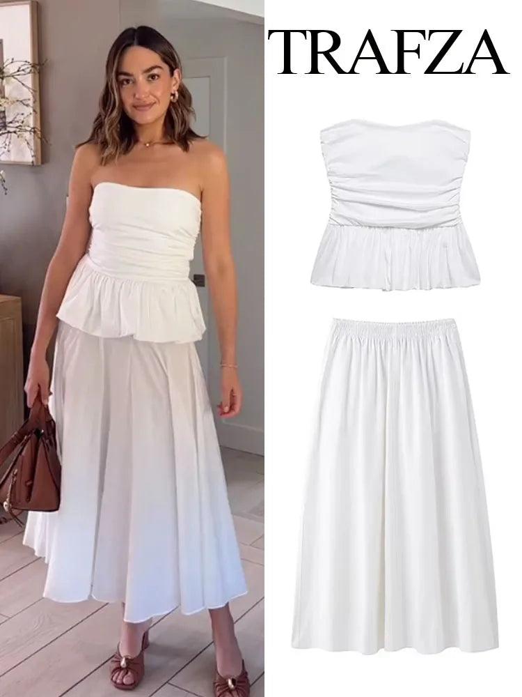 TRAFZA Women Skirt Suit Elegant White Off-shoulder Ruched Sexy Strapless Top+Casual Side Pocket Elastic Waist White Long Skirt - MauBai