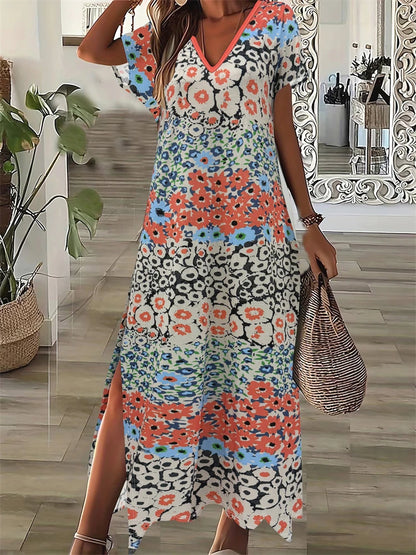 Women's Dresses Summer Ladies Textured Printed Evening Fashion Splicing V Neck Loose Bohemian Resort Split Long Dress Basic