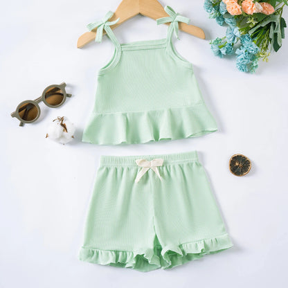 2024 Baby Girls Summer Set Toddler Thin Ruffle Edge Sling+Comfortable Ruffle Edge Shorts 2-piece Set for Outgoing or Party Wear