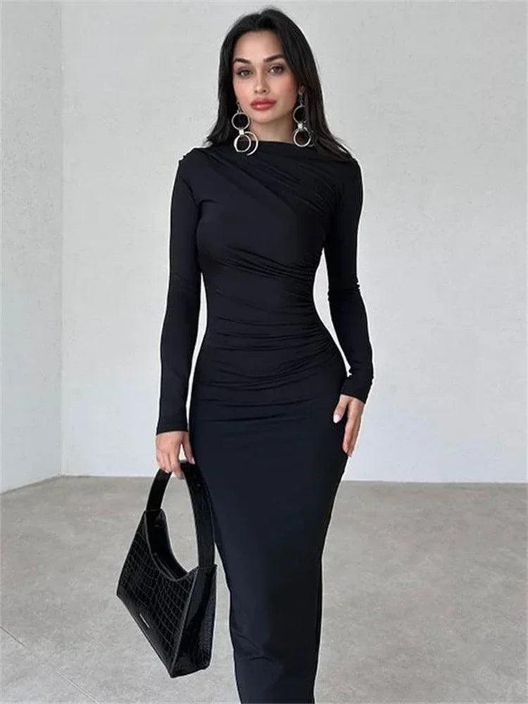 Tossy Pleated Long sleeved Slim Maxi Dress Women Solid Fashion Elegant Party Dress Gown Off-Shoulder High Waist Bodycon Dress - MauBai