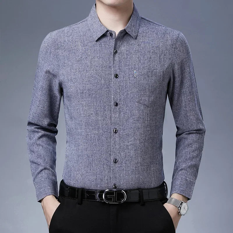 Gift Four Seasons Non ironing Middle aged Men Casual Shirt Imitation Linen Solid Color Shirt Fashion Business True Pocket DadSet