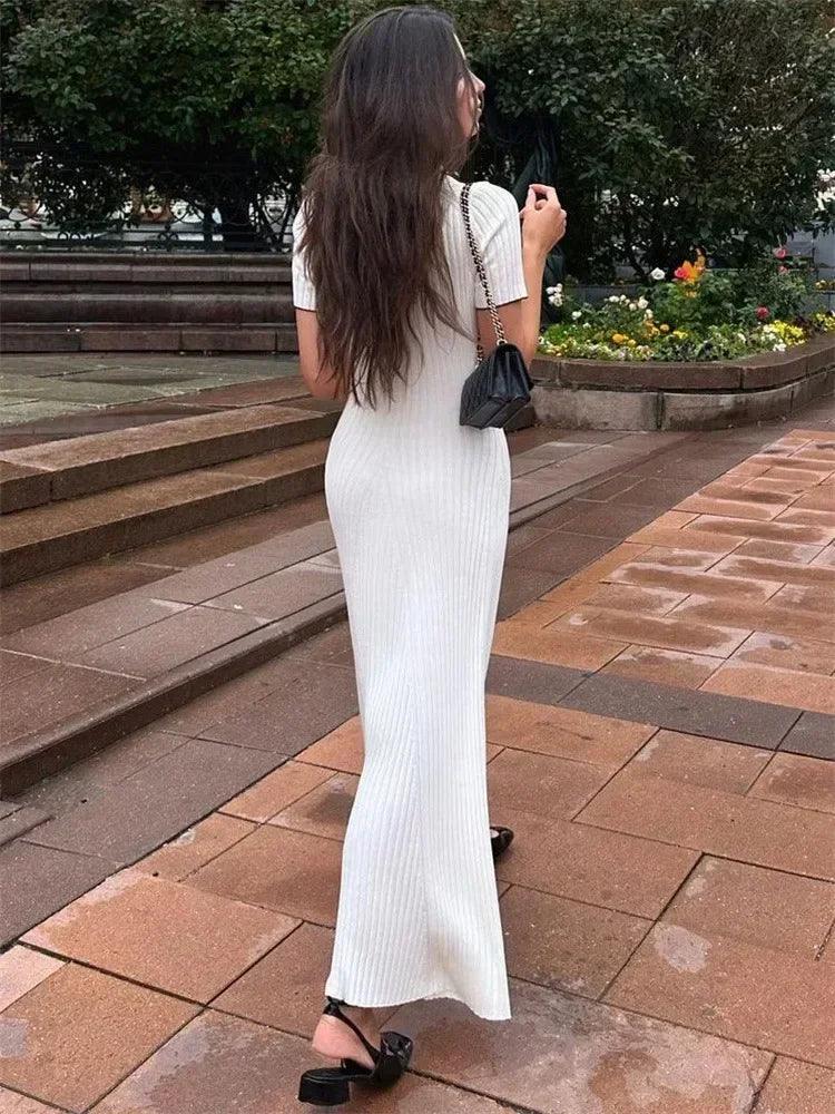 Tossy White Knit Fashion Maxi Dress For Women Short Sleeve Patchwork Elegant Party Dress Lapel High Waist Knitwear Women's Dress - MauBai