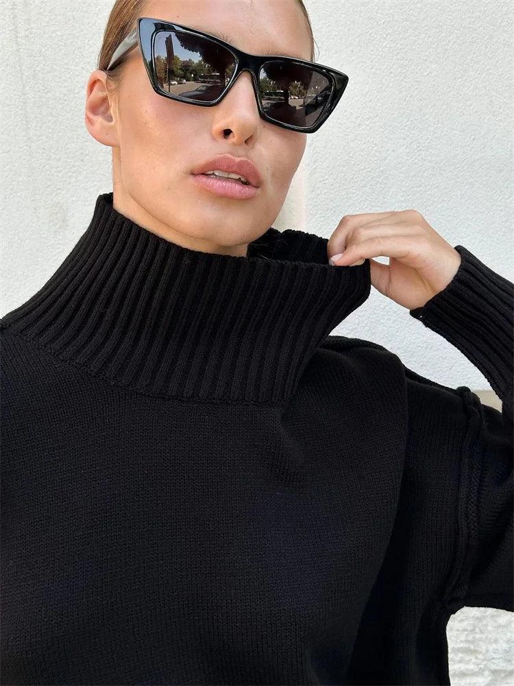 Tossy Winter Knit Turtleneck Pullover Female Clothes Loose Casual Ribbed Patchwork Long Sleeve Oversized Sweater Women Knitwear - MauBai