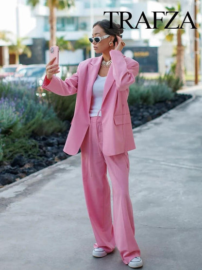 TRAFZA Women Pink Blazer Suit Turn-Down Collar Long Sleeves Pocket Lace-Up Blazers Top+Fashion High Waist Zipper Wide Leg Pant - MauBai